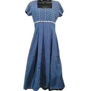 Vintage Denim Cottagecore Dress Size 5 Square Neck Eyelet Bodice Empire Waist